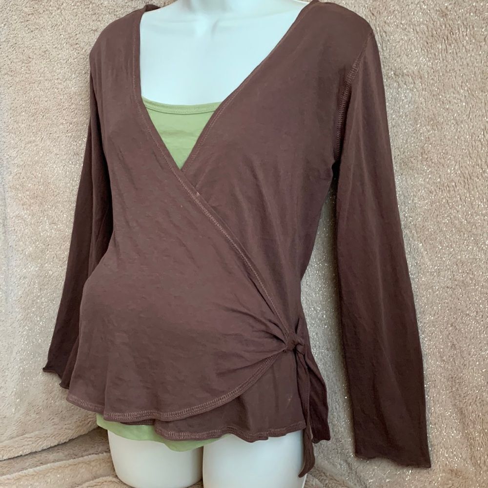 Motherhood Maternity Attached Set Cami & Long Sleeves Wrap Top Shirt S Brown